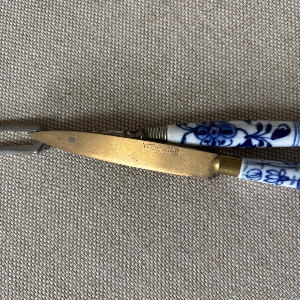 Vintage Bronze Bohemian Fruit Knife plus German Serving Fork Porcelain Handles - Picture 9 of 10
